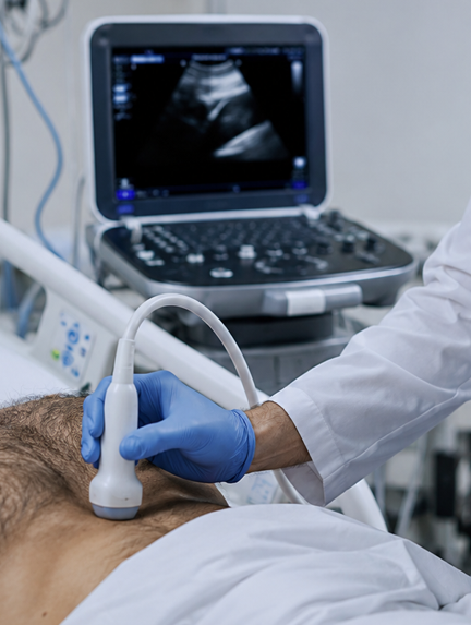 Médico com transdutor à beira-leito